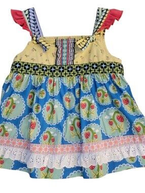 Matilda Jane Girls Love Bug Knot Top Tunic Blue Strawberry Mix Print Size 4